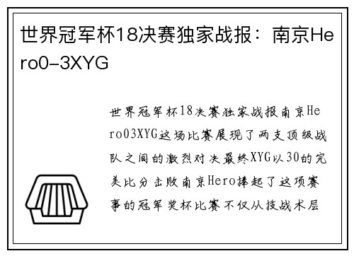 世界冠军杯18决赛独家战报：南京Hero0-3XYG